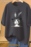 100% Cotton L-5XL Plus Size T Shirt Bunny Print O Neck Tshirt Short Sleeve Women Top Basic Summer Couple Solid T Shirts-Outfit