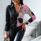 Women Fashion Shirt Lady Long Sleeve Blouse Turn-down CollarButton Design Print Casual