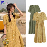 Plaid Dresses Summer Women Korean Japan Preppy Style Clothes V Neck Pink Red Party Floral Print Vintage Shirt Dress