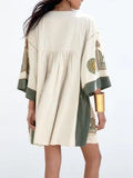 2023 Women Summer Loose Mini Dress Vintage Linen Embroidery 3/4 Sleeve V-Neck Female Elegant Street Dresses Clothing-Outfit