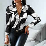 Women Fashion Shirt Lady Long Sleeve Blouse Turn-down CollarButton Design Print Casual