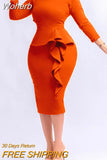 Bodycon Midi Dress African Dresses for Women 2023 Fall Ruffles High Waist Bandage Office Lady Robe Femme African Clothes-Outfit