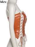 Kliou Hollow Out Bandage Faux Leather PU Tank Top Women 2021 Solid Streetwear Backless Sleeveless Sexy Party Clubwear