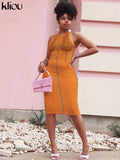 Kliou Striped Color Blocking Mini Dresses Women Fashion Stitching Sleeveless Body-Shaping New Style Skirt Female