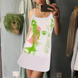 Print Cami Dress Harajuku Streetwear 90s Vintage Women Sleeveless Spaghetti Strap Bodycon Dress Punk Style