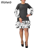 Autumn Fashion Splice Floral Ruffle Dress Women Office Ladies Casual Round Neck Long Sleeve Ruffle Dress Women-Outfit