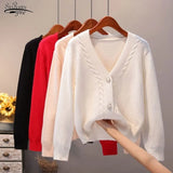 Cardigan Women Autumn New V Neck Pearl Single Breasted Loose Short Thicken Sweater Sweet Long Sleeve Knitted Top