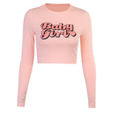 women long sleeve t shirt crop top letter print o neck casual sexy streetwear slim pink tops 2020 fashion T-shirt