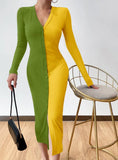 Contrast Color Commuting Button V Neck Long