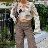 Womens y2k Cover Up Hollow Out Long Flared Sleeve Crochet Knitted Crop Tops Boho Y2K Tee Loose T shirts for Teen