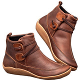 Arch Support Ankle Boots Vintage Punk Slip on Cross Strappy Winter Leather Boots Casual Soft Flat Walking Shoes Red