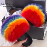 ANERSON Real Fox Raccoon Fur Slippers for Women Fur Slides Flip Flops Beach Plush Fluffy Furry Designer Slippers