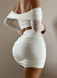 Sexy Mesh Ruched Off Shoulder Long Sleeve Cropped Top and Mini Pencil Skirts 2 Piece