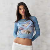 Gauze Heart Sweet Blue T-Shirt Women Tie Dye Crew Neck Y2K Streetwear Mesh Elastic Butterfly Tops Full Sleeve Tees Clas-Outfit