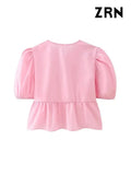 ZRN-Women's Lace Up Cropped Blouses, Puff Sleeves, O Neck, Female Shirts, Chic Tops, Fashion-Outfit
