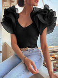 Women Elegant Fashion Female Top Casual Brief Ribbed Layered Ruffles Short Sleevel V Neck Slim Fit