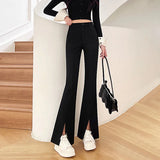 Woherb Suit Bell Bottom Pants Children 2024 Autumn New High Waist Show Thin Feeling Pants Slit Casual Micro Pants-Outfit