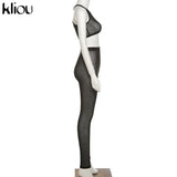 Kliou Sexy Sleeveless Cross Top And Pants Two Piece Set Women Solid Club Outfits Midnight Party Wear See Through Skinny