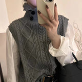 Woherb 2024 New European Goods Button High-Neck Knit Vest Female Retro Button Pure Color Rhomenge Vest Tide-Outfit
