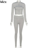 Kliou Solid Simple Two Piece Set Women Sheath Slim Casual Sporty Long Sleeve Zipper Top+Body-Shaping Female Activewear