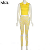 Kliou Casual Two Piece Set Women Sporty Sleeveless Crop Top+Skinny Print Leggings Matching Outfit Female Concise Cool