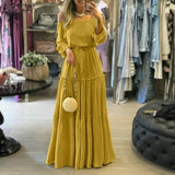 Fashion Off Shoulder Vestidos Female Lace Up Belted Dresses Beach Holiday Ruffle Robe Womens Bohemian Long Maxi