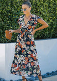 Printed Sweet V-neck Short Sleeves Floral Print Long