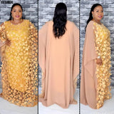 African Dresses for Women Dashiki Loose Lace Africa Dress African Clothes Bazin Embroidery Robe Abay Dubai Muslim Long Dress-Outfit