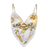 Floral Printed Asymmetrical Top Spaghetti Strap Backless Bandage Silk V Neck Sexy Casual Vintage Camisole Cropped