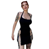 European and American Style Sexy Hanging Neck Open Back Hollow Skirt Spicy Girl Tight Metal Button Dress Women-Outfit