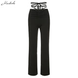 Black High Waist Lace Up Bandage Straight Pants Women street Casual Slim Trousers Lady Elastic Solid Leisure Pants