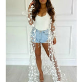 Women Mesh Lace Beach Dress Sexy Sheer Mesh 3D Butterflies Bandage Perspective Cardigan Tops With Belt Beachwear