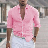 New Men's Summer Cotton-Blind Beach Shirt Long Sleeves Solid Hawaiian Holiday