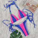 Woherb Sexy New Crystal Diamond Bikini Solid Color Patchwork Belt Swimsuit Vacation Split Women's