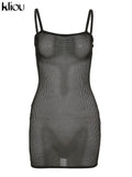Kliou Grid Farbic Mini Dress Womer Summer Sexy Camis Bodycon Robe Solid Slim Party Club Attirewear Girl Go Out Charming