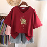 100% Cotton L-5XL Plus Size T Shirt Print Short Sleeve Women's Top Japanese Summer Sweet Couple V Neck Oversize T Shirts-Outfit