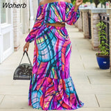 Women Two Piece Dress Suits Long Sleeve Printed Off Shoulder Top & High Waist Bodycon Skirt Set-Outfit