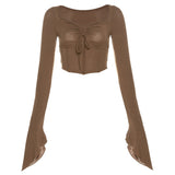 Woherb 2023 New Women's Solid Color Irregular Sleeve Drawn Pleated Rope Fish Bone Waist Exposed Umbilical T-Shirt-Outfit
