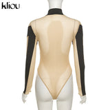 Kliou Mesh Patchwork Bodysuit Women Sexy See Through Halter Backless Panelled One Piece Female Elastic Summer Swimsuit