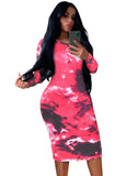 Tie Dye Print Round Neck Long Sleeve Slim Midi