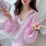 White Transparent Chiffon Blouse Chic Women Summer Oversize Puff Long Sleeve Shirt Korean Style Cardigan Basic Sheer Top-Outfit