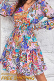 Print Ruffle Hem Shirred Waist Casual Dress-Outfit