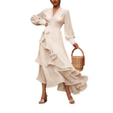 Woherb European Code Spring Summer New Women's Deep V Sexy Pure Color Long Temperament Dress Dress-Outfit