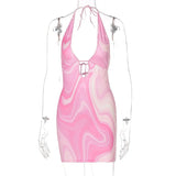 2021 Print Sleeveless Halter Bandage Hollow Out Sexy Mini Dress Summer Women Fashion Streetwear Outfits Y2K