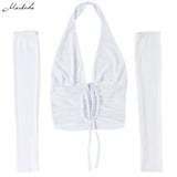 Fashion Sexy Backless Deep V Crop Top Women Mesh Solid Halter Sleeveless Lace Up Clothing Street Casual Lady Slim