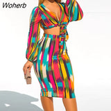Women Long Sleeve Tie V Neck Crop Top and Midi Skirt Set Sexy Two Pieces Party Clubwear Elegant Boho Beachwear-Outfit