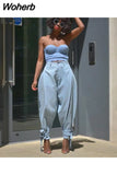 Women Casual Wide Leg Bandage Jeans Autumn Fashion High Waist Loose Trousers Light Blue Plus Size Pants Streetwear Hot 1119 729-0-Outfit