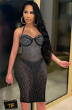Black Sexy Beaded Halter Midi Bodycon