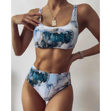2021sexy Bikinis Print Sport Bandeau Push Up Marble Women Swimsuit High Waist Swimwear Women Bathing Suit Beach