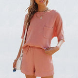 Casual Cotton Linen Pocket Sets Short Sleeve T Shirt And Elastic Shorts Two Piece Set Women Beach Solid Outfits